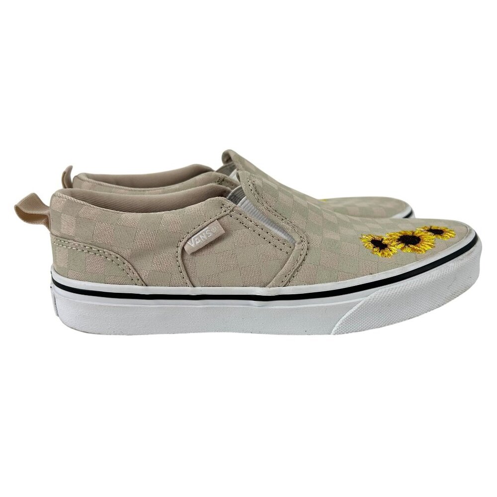 Vans Girls Beige Checkerboard Slip-On Sneakers Sunflower Embroidery Junior Sz 4 - Picture 2 of 8